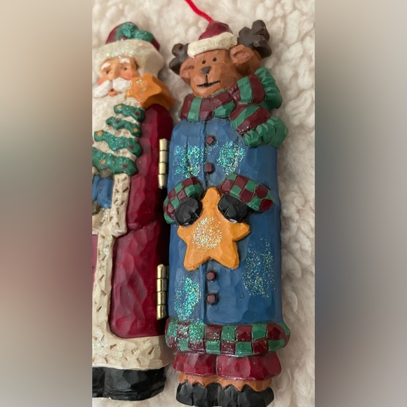 Vintage Christmas ornament- snowman, Santa & reindeer - hang or stand up, hinges - Picture 3 of 6